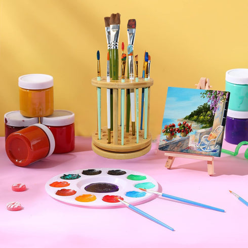 360 Rotating Paint Brush Holder Bamboo Paint Brush Tray Holder Rack-Large Capacity Watercolor Paint Brush Holder Display Stand and Organizer for D...