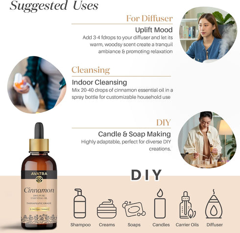 Avatra Cinnamon Essential Oil for Skin, Diffuser, & Aromatherapy | Natural & Undiluted Essential Oil for Cleaning, DIY | Soap & Candle Making | Pr...