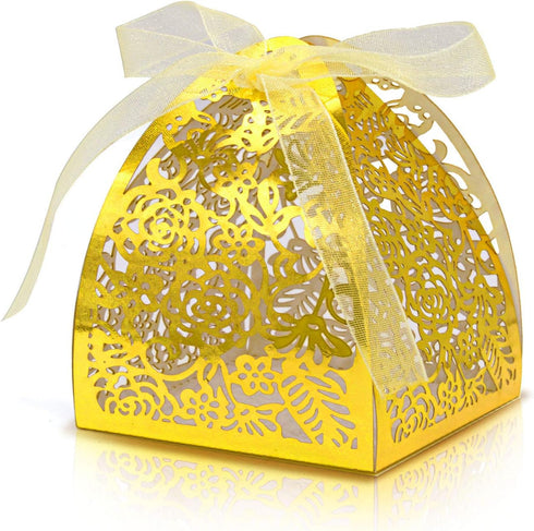 KPOSIYA Pack of 100 Laser Cut Rose Candy Boxes, Favor Boxes 2.5"x 2.5"x 3.1", Gift Boxes Bridal Shower Anniverary Birthday Party Wedding Favor (10...