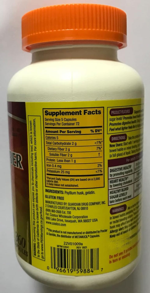 Fiber Capsules Kirkland Therapy for Regularity/Fiber Supplement, 360 capsules - Compare to the Active Ingredient in Metamucil Capsules...