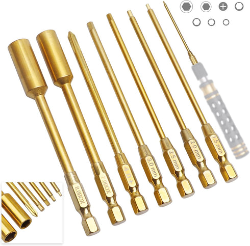 Titanium RC Hex Bits Set 1.5/2.0/2.5/3.0mm Allen Wrench Keys M4 Lock Nuts Driver, Phillips Bit for RC Hex Head Screws Compatible with 1/4" Drive D...