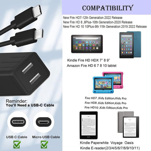 Tablet Charger with 6FT USB Type-C&Micro USB Cable Fit for Kindle E-Reader 2 3 4 5 6 7 8 9 10 11, All-New Fire 6 HD 7 8 10, Fire Max 11-13th Gen,K...