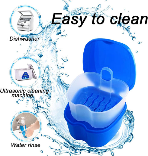 2 Pack Color Retainer Cleaner Case Denture Cups for Soaking Dentures, False Teeth Container Partial Denture Cleaning Case with Lid Travel - Lake G...