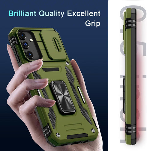 DEERLAMN for Samsung Galaxy A15 5G Case with Slide Camera Cover+Screen Protector (1 Pack), Rotated Ring Kickstand Military Grade Shockproof Protec...