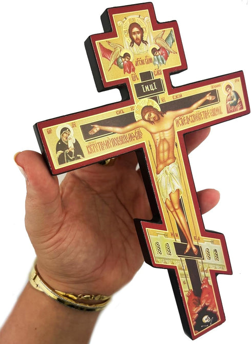Religious Gifts Wooden Wall Crucifix Three Bar Orthodox Cross with Prayer 6 Inch, Save Us...