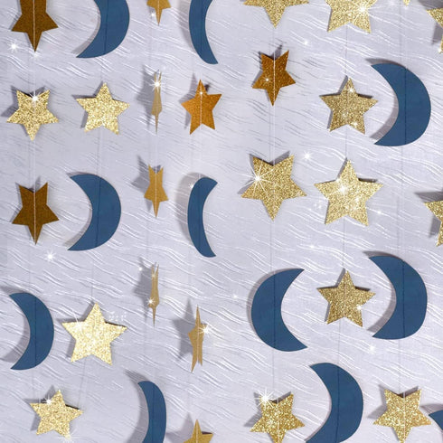 Moon and Star Garland Decorations - Navy Gold Glitter Outer Space Birthday Party Hanging Decorations for Honey Moon Wedding Engagement and Baby Sh...