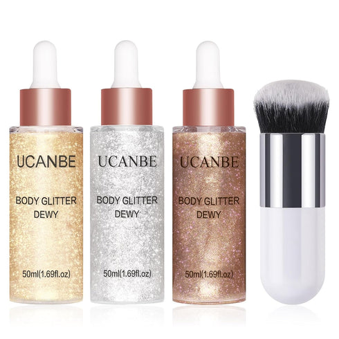 UCANBE 3 Pcs Face Body Glitter Liquid Highlighter Illuminator Dewy Drops with Makeup Brush, Makeup Sparkle Shine Luminizer Enhancer Body Shimmer T...