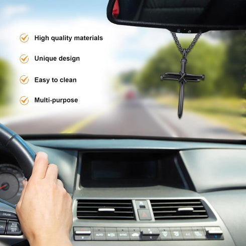 2PCS Nail Cross Pendant for Men, Hanging Cross Car Rearview Mirror Hanging Chain with 3 Nail, Stainless Steel Religious Cross Decoration(Black)...