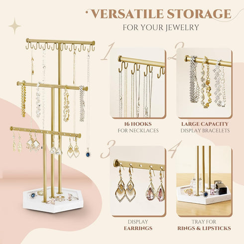 Pinzoveco Jewelry Organizer, 3 Tier Jewelry Holder Organizer with Tray, Jewelry Tree with Earring Organizer, 16 Hooks Necklace Holder, Bracelet Or...