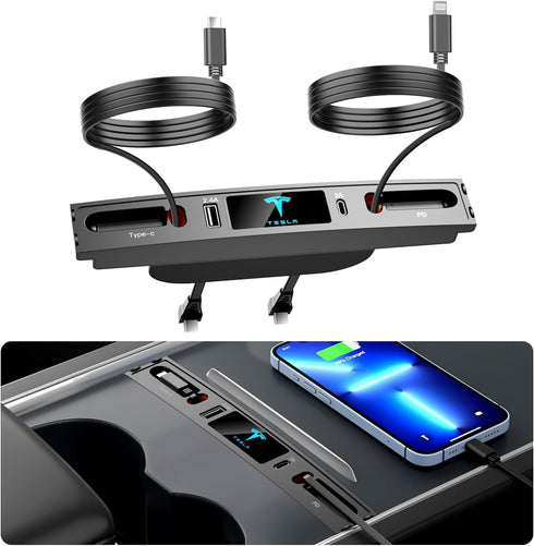 Car USB Charger Multi Port for 2021 2022 2023 Tesla Model 3/Y,Multifunctional Tesla Accessories with Logo and Retractable Cable,Tesla USB hub 100%...