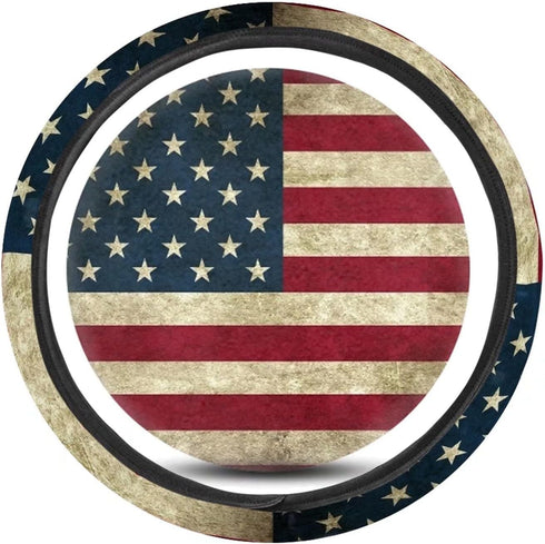 Vintage American Flag Steering Wheel Cover with 2 Pieces Car Coasters Stretch Cushion Cover Car Accessories Set...