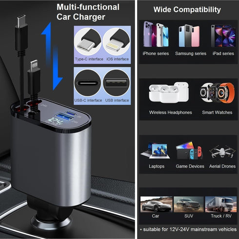 Retractable Car Charger Fast Charging - 66W 4-in-1 USB C Car Phone Charger Cigarette Lighter Adapter Car Charger Compatible with iPhone 15 14 13 1...