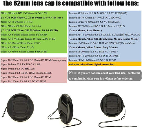 62mm Snap-On Lens Cap for Nikon Nikkor Z 50-250mm/85mm F1.8D/105mm F2.8G 60mm F2.8 Lens for Z50, for Sony RX10 CX900E AX100E E18-200LE II E10-8 Le...