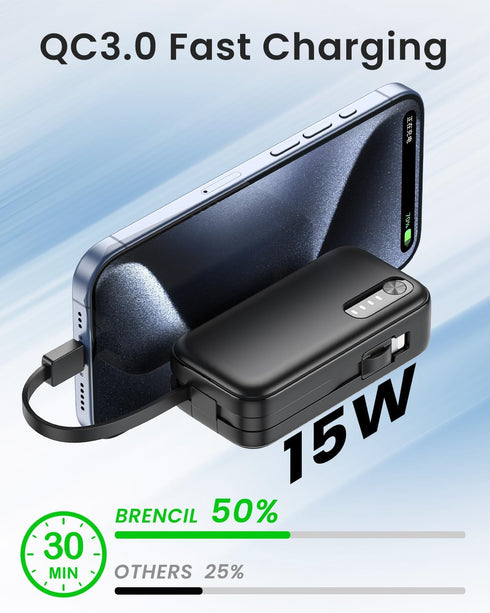 Small Portable Charger with Built-in Cables - 15W QC3.0 Fast Charing USB C Power Bank 5000mAh, Portable External Battery Pack for iPhone 15/14/13 ...