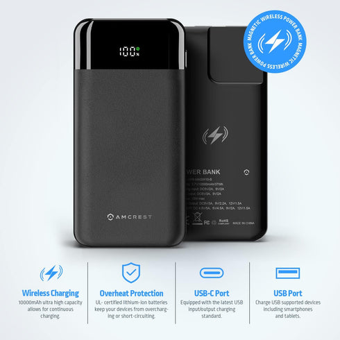 Amcrest USB C Power Bank, 10,000mAh Portable Charger USB C, Wireless Magnetic Power Bank Fast Charging 10W PD 3.0, Type C Battery Bank with LED Di...
