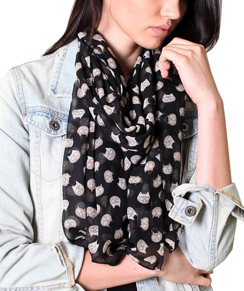 Women's Cute Meow Cat Print Scarf, Black, Silky Soft, Sheer, Pretty, Cat Gift...