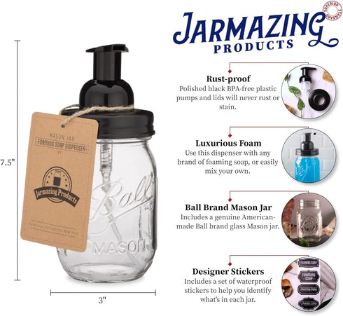 Jarmazing Products Mason Jar Foaming Soap Dispenser - Black - with 16 Ounce Ball Mason Jar - One Pack!...