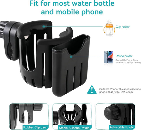 Stroller Cup Holder with Phone Holder, Bike Cup Holder, Universal 2-in-1 Cup Holder for Strollers, Wheelchair, Bike, Walker, Scooter?Gifts for Him...