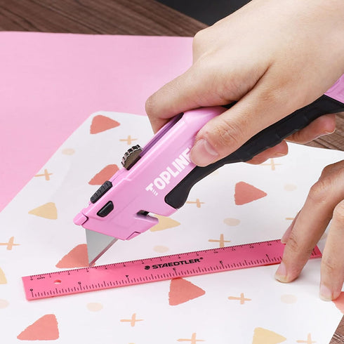 TOPLINE Retractable Pink Utility Knife, Retractable Pink Box Cutter, Blade Storage Design, 18-Piece SK5 Blades and a Dispenser Included (1 PACK(PI...