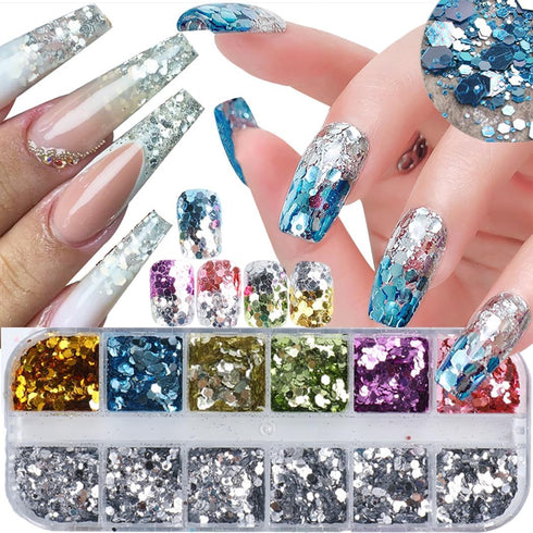 24 Grids Rhombus Hexagon Mermaid Holographic Glitter Nail Art Sequins Silver Colorful Collocation 3D Shiny Nail Art Flakes Acrylic Supplies Glitte...