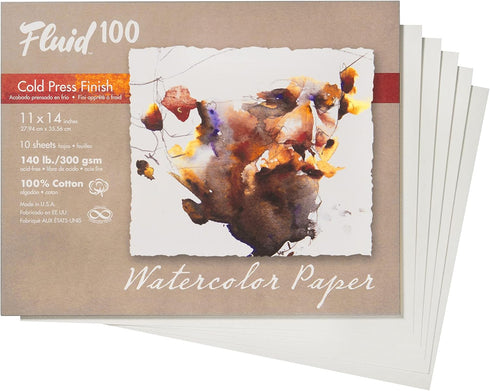 Fluid 100 Watercolor Paper, 11 x 14 Pochette, 8 Sheets, 140 lb (300 GSM) 100% Cotton Cold Press for Artist Painting and Wet Media...