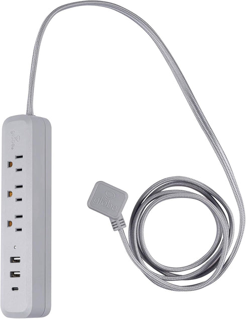Globe Electric Designer Series 6-ft 3-Outlet USB Surge Protector Power Strip, 2x USB-A Ports, 1x USB-C Port, Right Angle Plug, Gray, 78551...