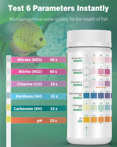 Pawfly 6 in 1 Aquarium Test Strips, 100 Strips Fish Tank Testing Strips for pH Chlorine Nitrate Nitrite Carbonate and Hardness Water Quality Fresh...