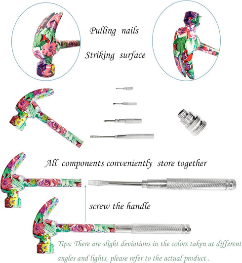 Floral Hammer & Screwdriver 6 in 1 Small Hammer Screwdriver Tool, Multitool Hammer, Hand Tools Hammer Set with Screwdriver Hammers, Mini Hammers, ...