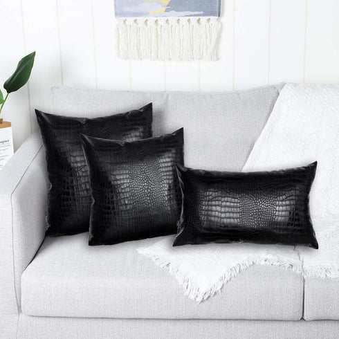 Black Crocodile Skin Faux Leather Pillow Cover - Sofa Cushion Case - Decorative Modern Throw Covers for Living Room & Bedroom - 12x20 Inches - Bla...