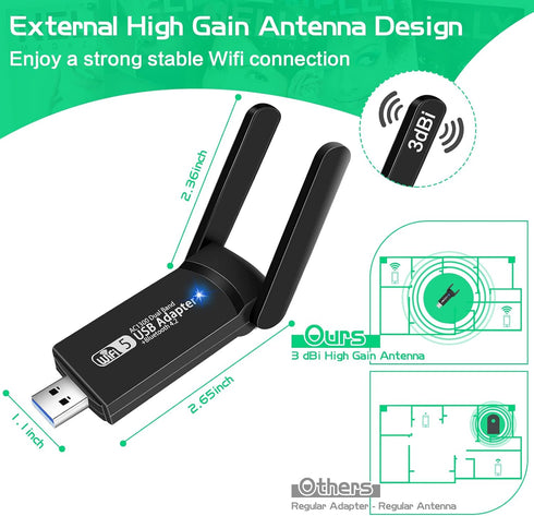 USB WiFi Bluetooth Adapter, 1300Mbps Dual Band 2.4/5Ghz Wireless Network External Receiver, Mini WiFi Dongle for PC/Laptop/Desktop...