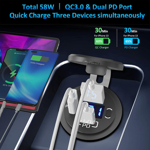 12V USB Outlet Qidoe USB C Car Charger Socket Dual PD 30W and 18W QC3.0 Port USB Car Socket with Voltmeter Button Switch Lengthened Waterproof USB...