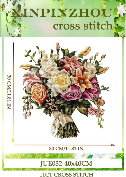 Xinpinzhou 11ct Cross Stitch Kits, 11 CT Funny Pre Printed Counted Stamped Cross Stitch Embroidery Needlepoint Needlework Bouquet of Flowers Patte...