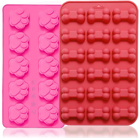 2 Pcs Silicone Puppy treat molds, Dog Paw and Bone Mold Ice Cube Mold, Jelly, Biscuits, Chocolate, Candy Baking Mold, Oven Microwave Freezer Dishw...