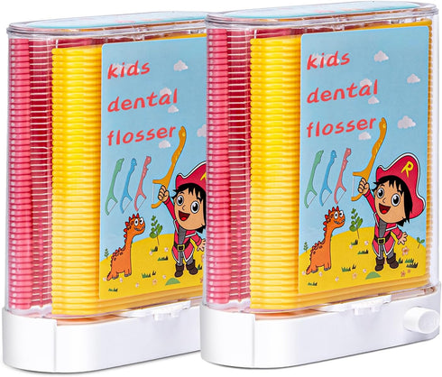 Kids Floss Dispender, Kids Dentle Floss Picks Dispenser 2 Boxes with 176 Count Floss, Fun & Colorful Animal Floss Help You Prevent Tooth Decay and...
