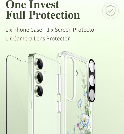 GVIEWIN for Samsung Galaxy S24 Case Floral, with Screen Protector & Camera Lens Protector, Hard PC&TPU Bumper Clear Shockproof Protective Women Ph...