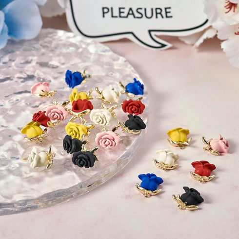 Craftdady 24Pcs Alloy Rose Charms 6 Colors 3D Flower Pendants Red Pink Black Rose Floral Bead Charms Spray Painted for Crafts DIY Valentine's Day ...