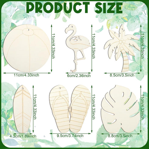 Simgoing 36 Pcs Unfinished Wood Summer Cutouts Hawaiian Wood DIY Paint Crafts Tropical Beach Ball Palm Tree Flip Flop Shaped Hanging Ornaments wit...