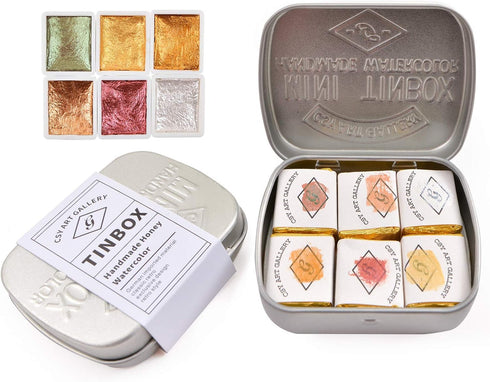 Csy Art Supplies Handmade Watercolors Paint Set - 6 Metallic Gold Colors Half Pans Glitter Solid Water Color- Metal Case Sparkle Pearlescent Water...
