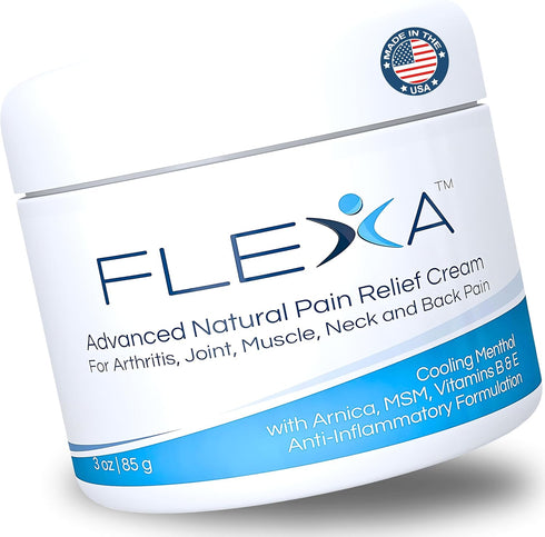 FLEXA Natural Relief Cream - Use on Muscles, Back, Neck, and Joints - with Arnica, Menthol, MSM, Ilex Leaf, and Tea Tree Oil - 3 Oz Jar...
