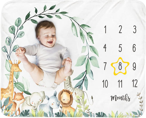 Baby Monthly Milestone Blanket Boy - Jungle Animals Newborn Month Blanket Neutral Safari Personalized Shower Gift Eucalyptus Leaf Wreath Nursery D...