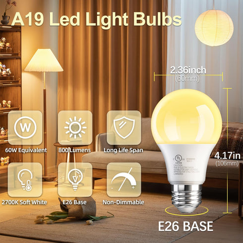 TJOY 6 Pack A19 LED Light Bulbs, 60 Watt Equivalent LED Bulb, Efficient 9W, Soft Warm White 2700K, E26 Standard Base, Non Dimmable Energy Saving L...