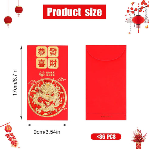 36pcs Chinese Red Envelopes, 2024 Packets Hong Bao Lai See New Year of Dragon Lucky Money Pocket Bag for Chinese Lunar Year Spring Festival Weddin...