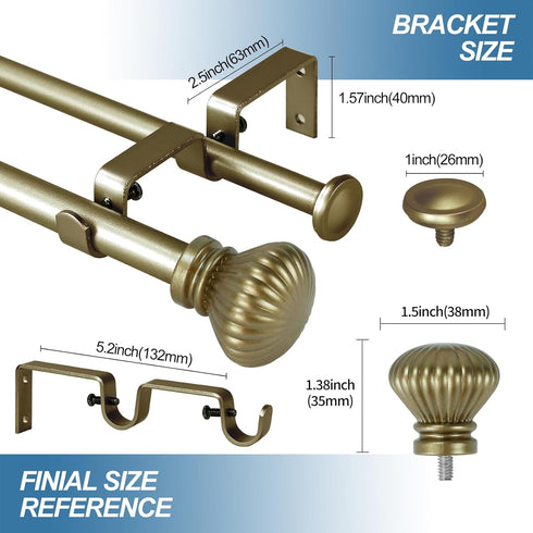 Urbanest Fluted Ball Adjustable Double Drapery Curtain Rod Set, 5/8", 48"-84", Antique Gold...