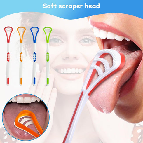 4-Pack Tongue Scraper Oral Care Kits – Plastic Dual-sided Tongue Brushes for Reducing Bad Breath, Includes Comfort Grip Handle, Ideal for Adults a...