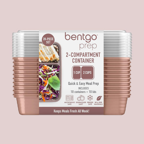 Bentgo 20-Piece Lightweight, Durable, Reusable BPA-Free 2-Compartment Containers - Microwave, Freezer, Dishwasher Safe - Rose Gold...