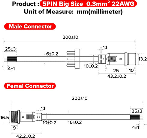 BTF-LIGHTING 5 Pin Electrical Connector 22AWG IP65 Male Female Connector 7.87in/20cm Extension Cable for Car,Truck,Boat,Indoor/Outdoor LED Strip L...