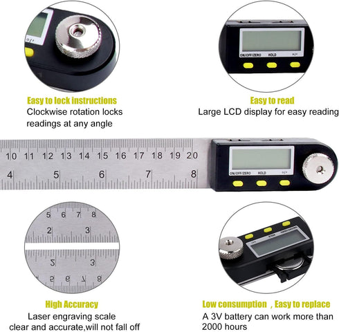 Delgada 200mm/8Inches Digital Angle Finder Ruler - Stainless Steel Protractor for Woodworking and Construction - Battery Included...