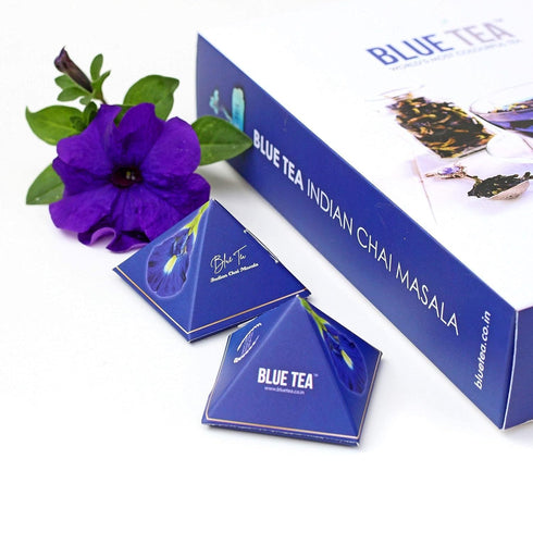 BLUE TEA - Indian Chai Masala - 12 Count - Pyramid Plant Based Tea Bag | Butterfly Pea Flower | Flower & Indian Spices Based | Caffeine Free - Det...