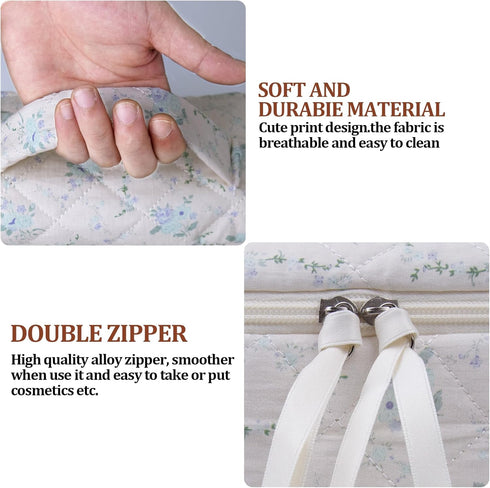 Large Quilted Makeup Bag,Floral Cotton Cosmetics Bag Toiletry Bag for Women Girls, Aesthetic Cute Coquette Travel Makeup Essentials Organizer Bag ...