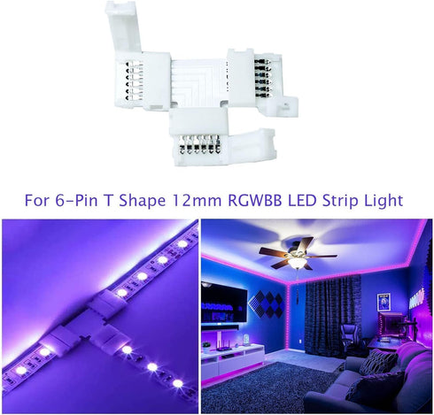 5Pack T Shape 6-Pin LED Connectors 12mm Wide Unwired Solderless Gapless Adapter Connectors Terminal Extension 12V 24V for 5050 3528 RGBWW LED Stri...